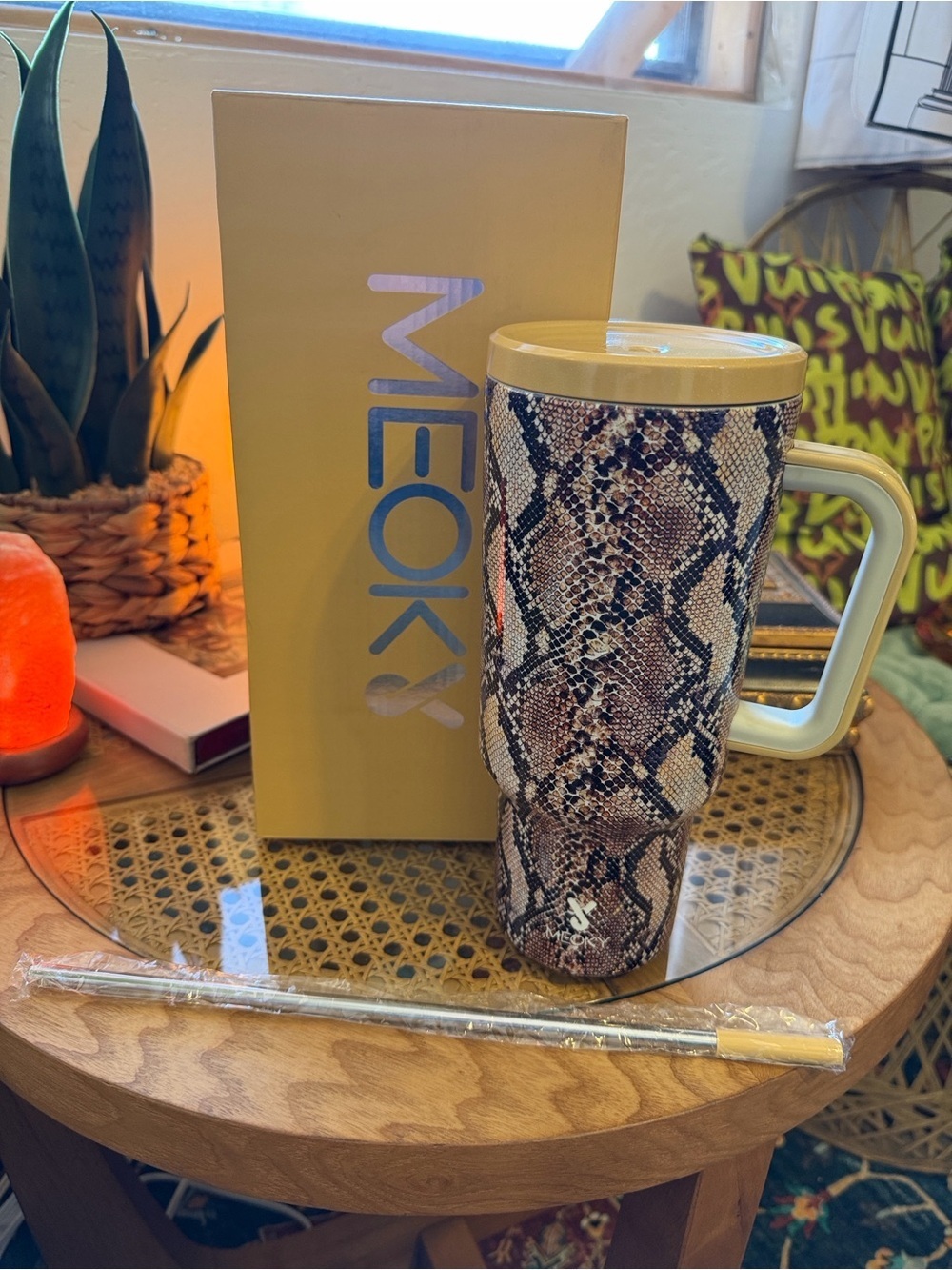 Snake-Print Insulated Travel Mug - Tan & Brown